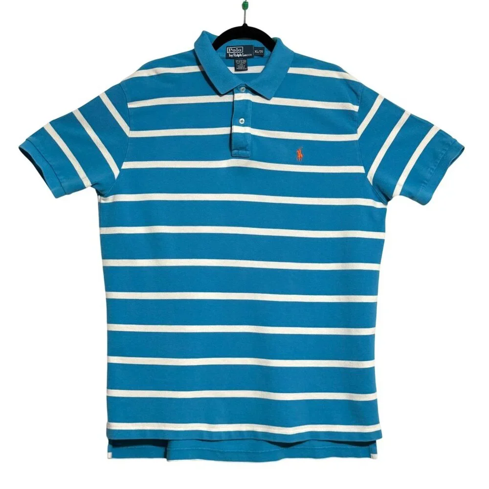 Polo Ralph Lauren Mens XL‎ Mesh Blue & White Striped Polo Shirt Excellent